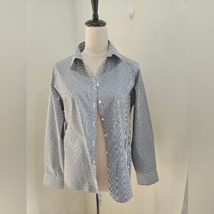 Lands’ End Women’s No Iron Supima Shirt Blue Stripe Dot Button Down 12P